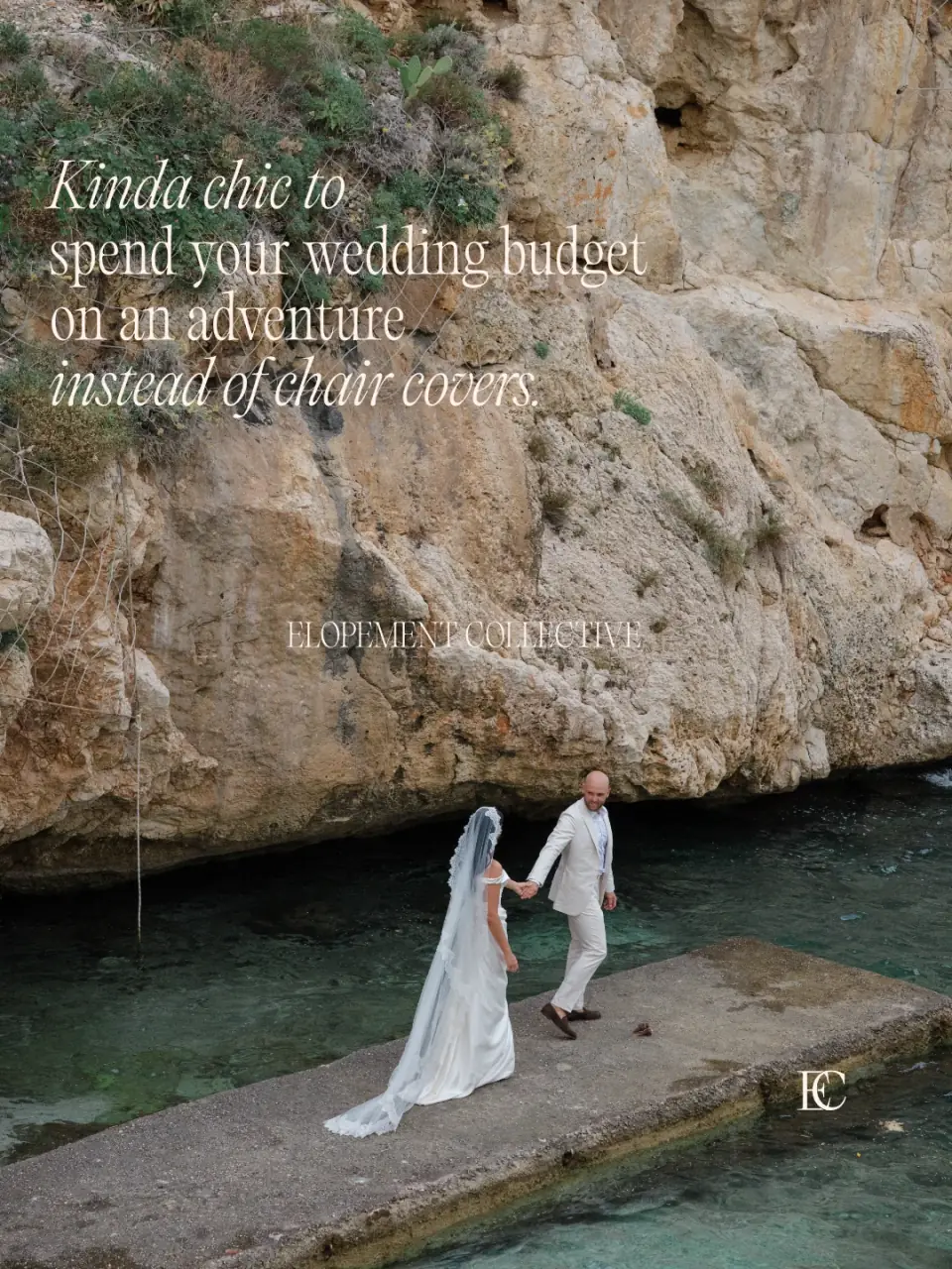 A couple in wedding clothes walking a stone jetty over clear green water beneath a limestone cliff. Kinda chic to spend your wedding budget on an adventure instead of chair covers.